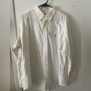 White Polo button down shirt with multicolor horse.